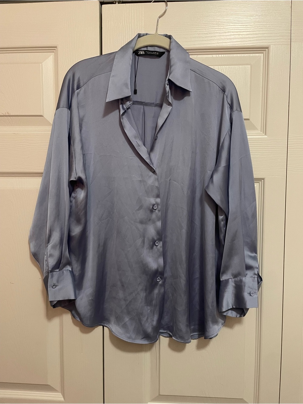 Zara Satin Button-Front Blouse in Steel Blue
